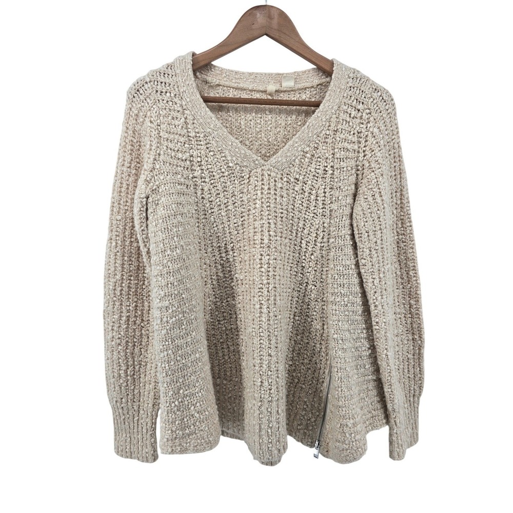 Moth Sweater Womens Medium Cream‎ Chunky Knit V-Neck Side Zip Alpaca Blend